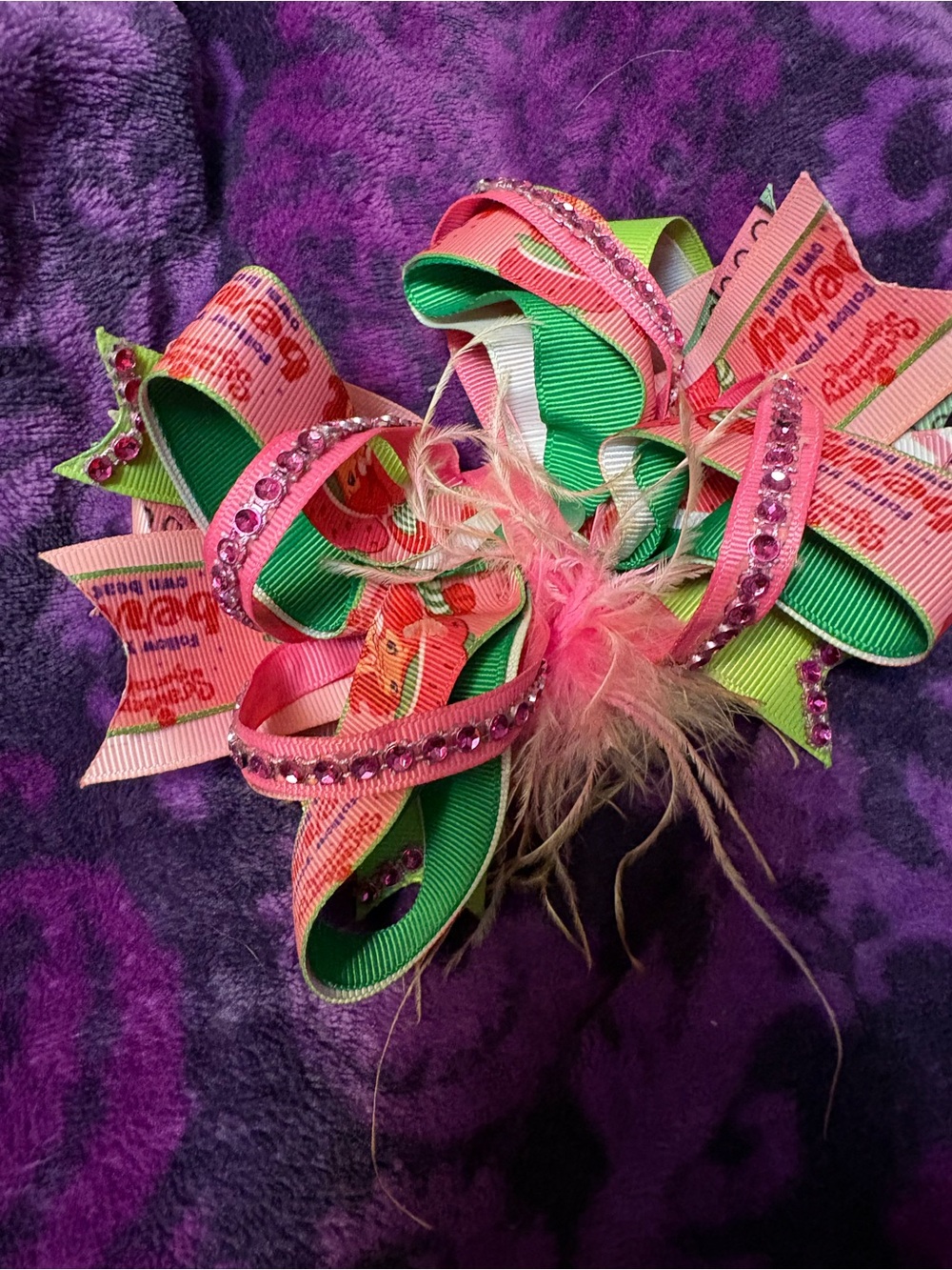 Strawberry 🍓 shortcake 🍰Girls Pink & Green Ribbon Hair Bow with Pink Rhinestones